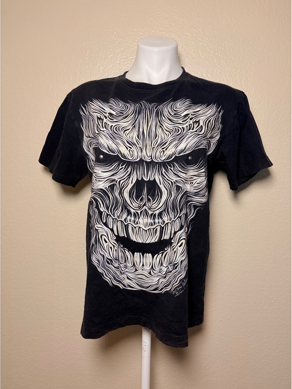 Y2K Rock Change Black Graphic Skull Print T-Shirt Size medium #11